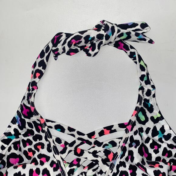 California Waves White Multicolor Leopard Flounce Ruffle Bikini Top 2X 20/22 - Picture 3 of 9